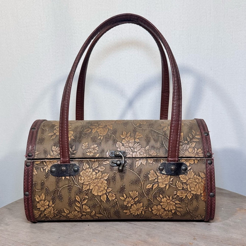 Vintage Embossed Floral Hard Case Barrel Bag